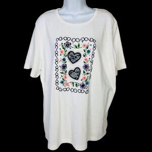 Bobbie Brooks Women Top Size 18/20 White Embroidered Lace Flowers Hearts T shirt